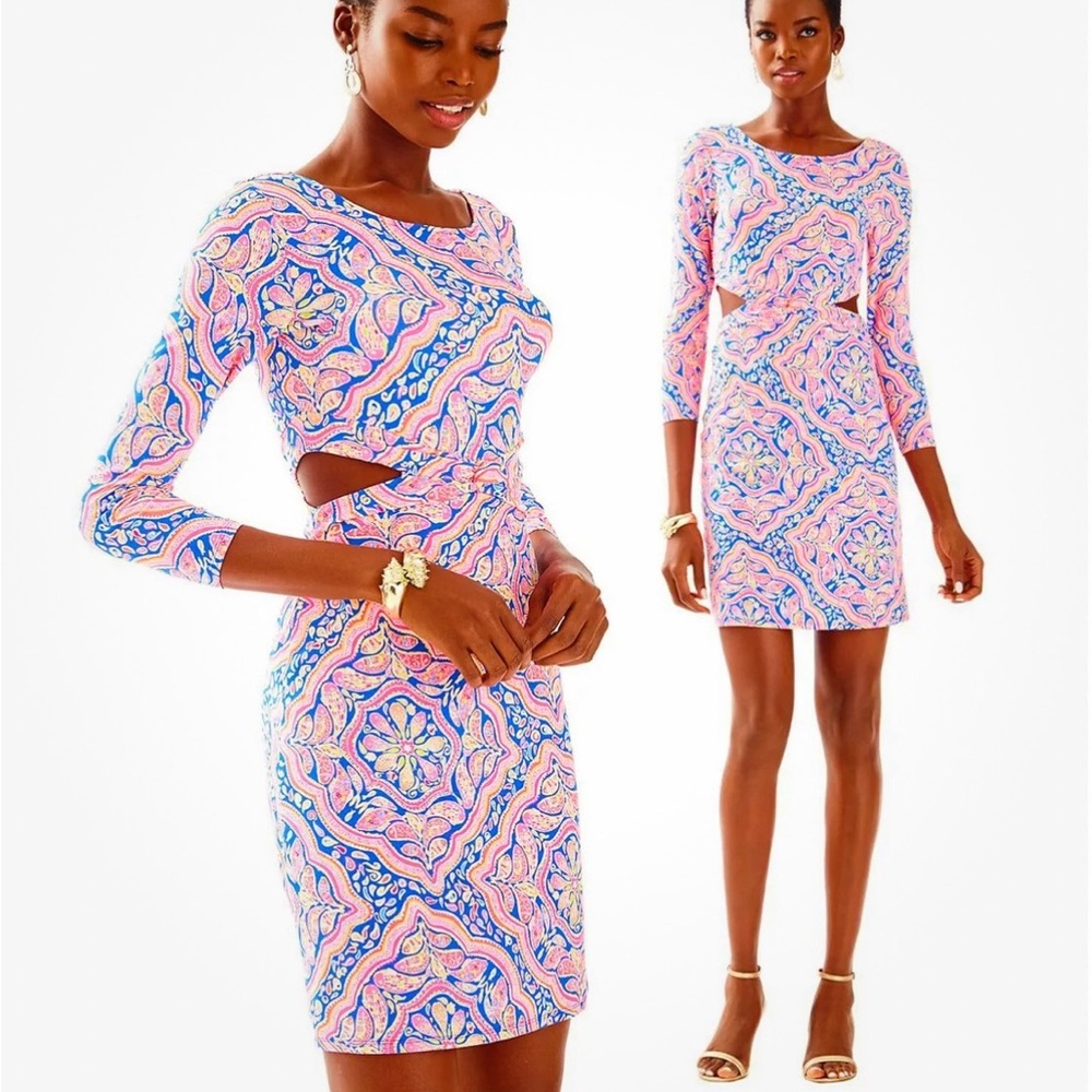 Lilly Pulitzer Pippa Cut Out Can't Resist Print Stretch Fitted Dress size L - Picture 1 of 13